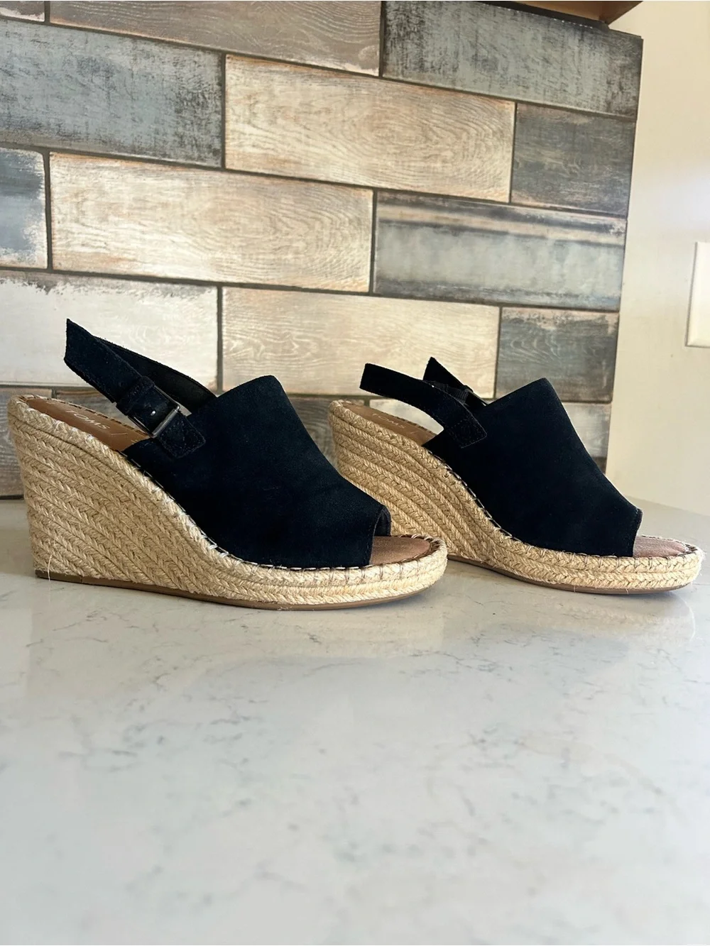 TOMS Monica Black Suede Leather Wedge Espadrille Sandals